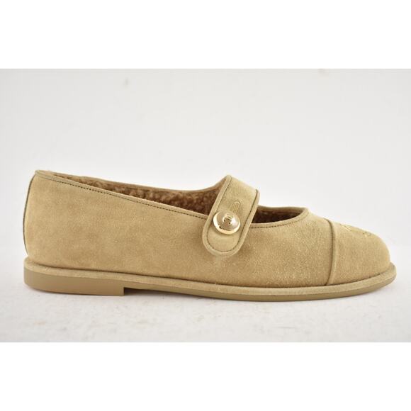 Chanel 25B Beige Suede Shearling Fur Mary Jane Moccasin Ballet Loafer Flat 38.5 - Picture 2 of 16